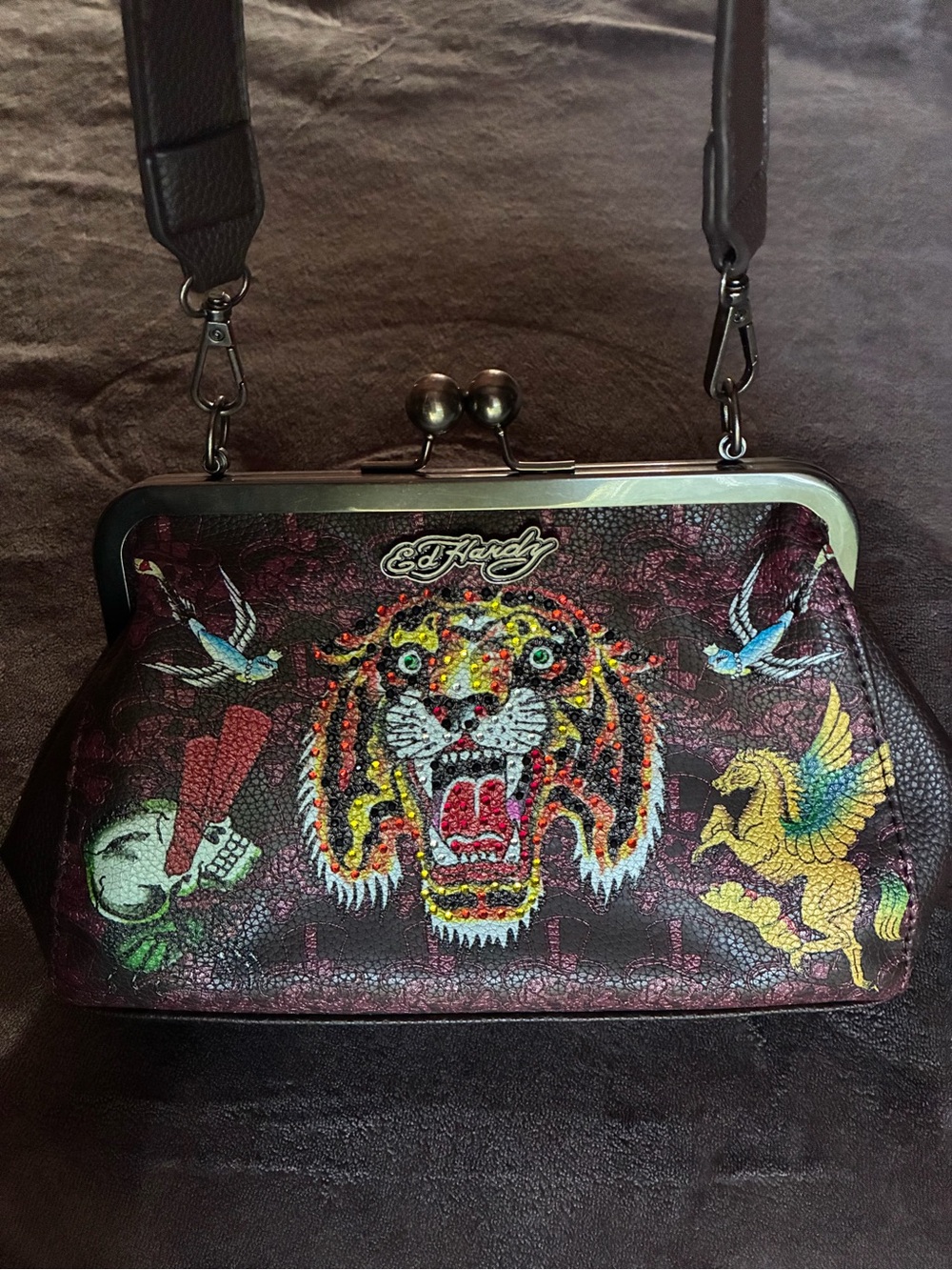 Ed Hardy Brown Mini Frame Bag with Colorful Tiger